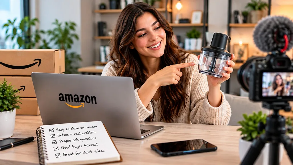 Beginner creator reviewing an Amazon product on camera with a product checklist