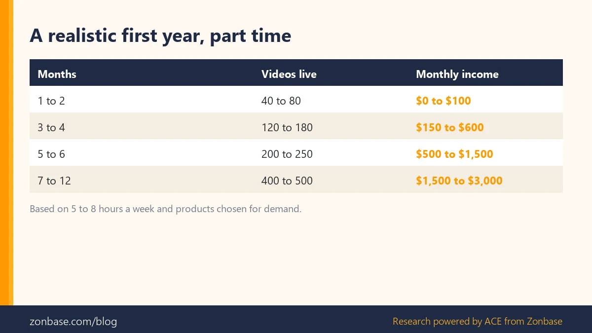 Table showing a realistic first year of Amazon video side income by month, videos live and monthly income