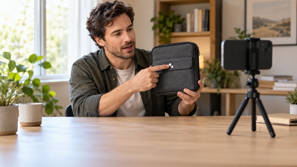 How to Add Readable Captions to Amazon Product Review Videos Editorial illustration of a creator filming a gray organizer pocket and fastener with a phone on a desk tripod.