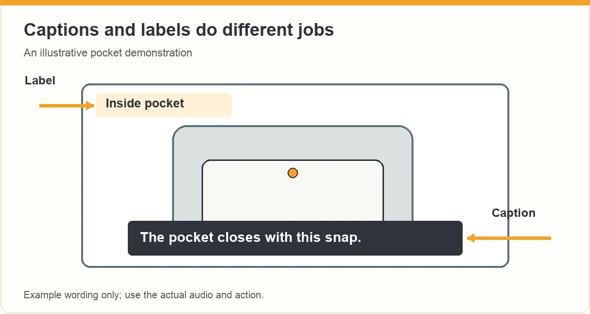 Pocket illustration with a feature label and a separate spoken-sentence caption.