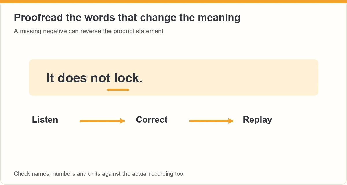 Example sentence with the word not emphasized and a listen, correct, replay workflow.