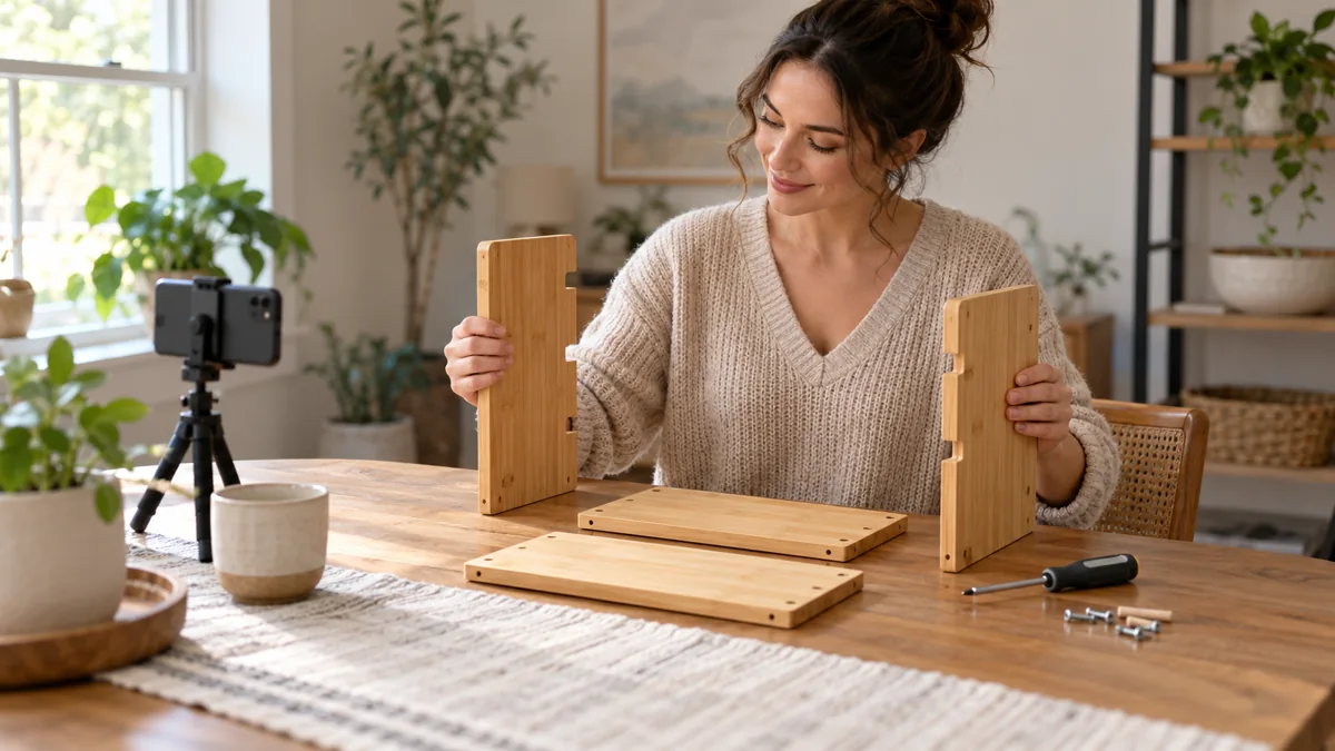 How to Film Product Assembly for an Amazon Review Video Editorial illustration of a creator preparing a small bamboo desk organizer, its panels and a screwdriver beside a phone tripod.