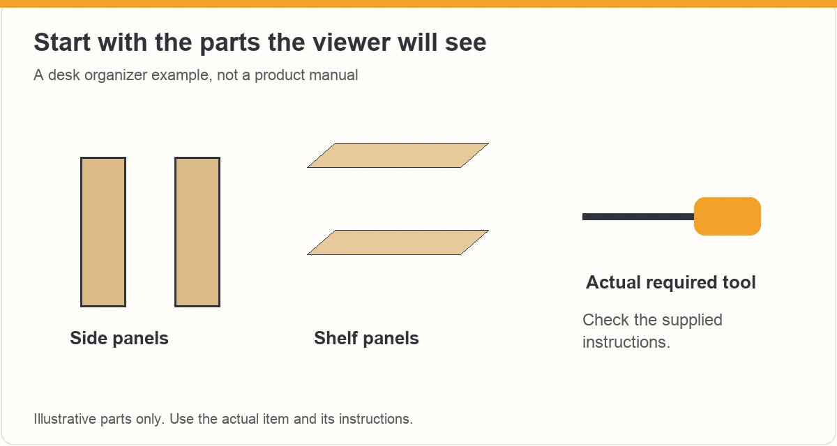 Illustrative organizer side panels, shelf panels and manual screwdriver.