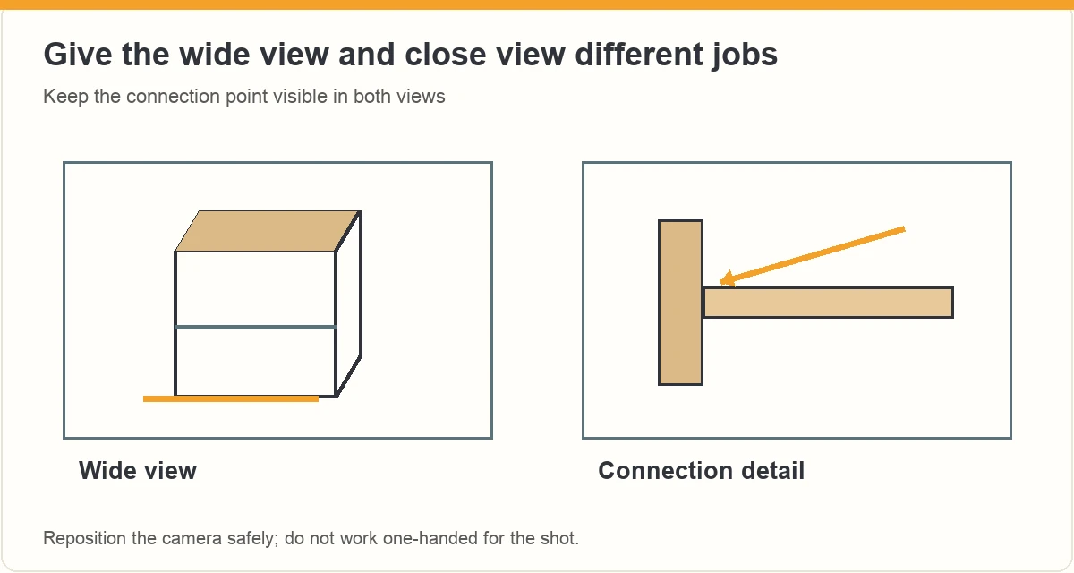 Wide organizer view beside a closer sketch of the point where shelf and side panel join.