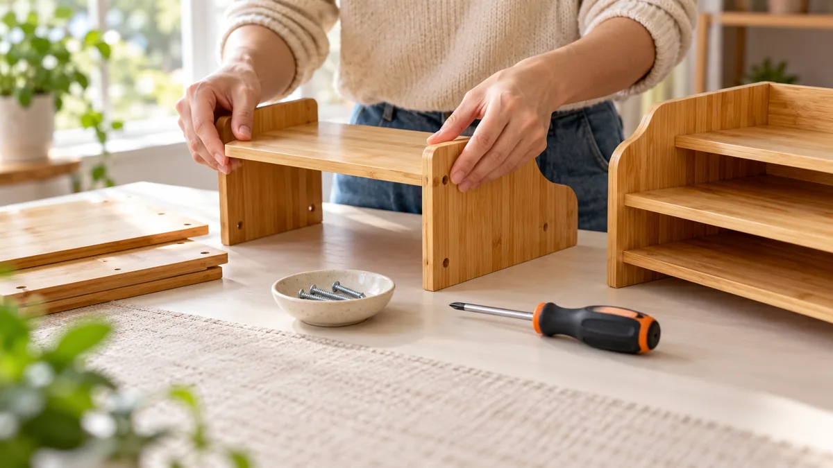 Editorial illustration of hands aligning a shelf panel with a desk organizer side panel on a table.