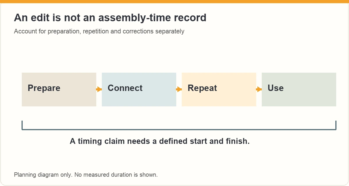 Assembly sequence from preparation through connection, repetition and use, with a bracket for the full timing record.