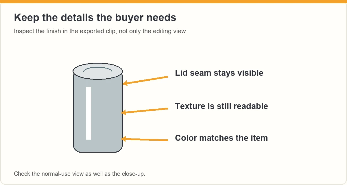 Tumbler diagram with callouts for the lid seam, surface texture and color.
