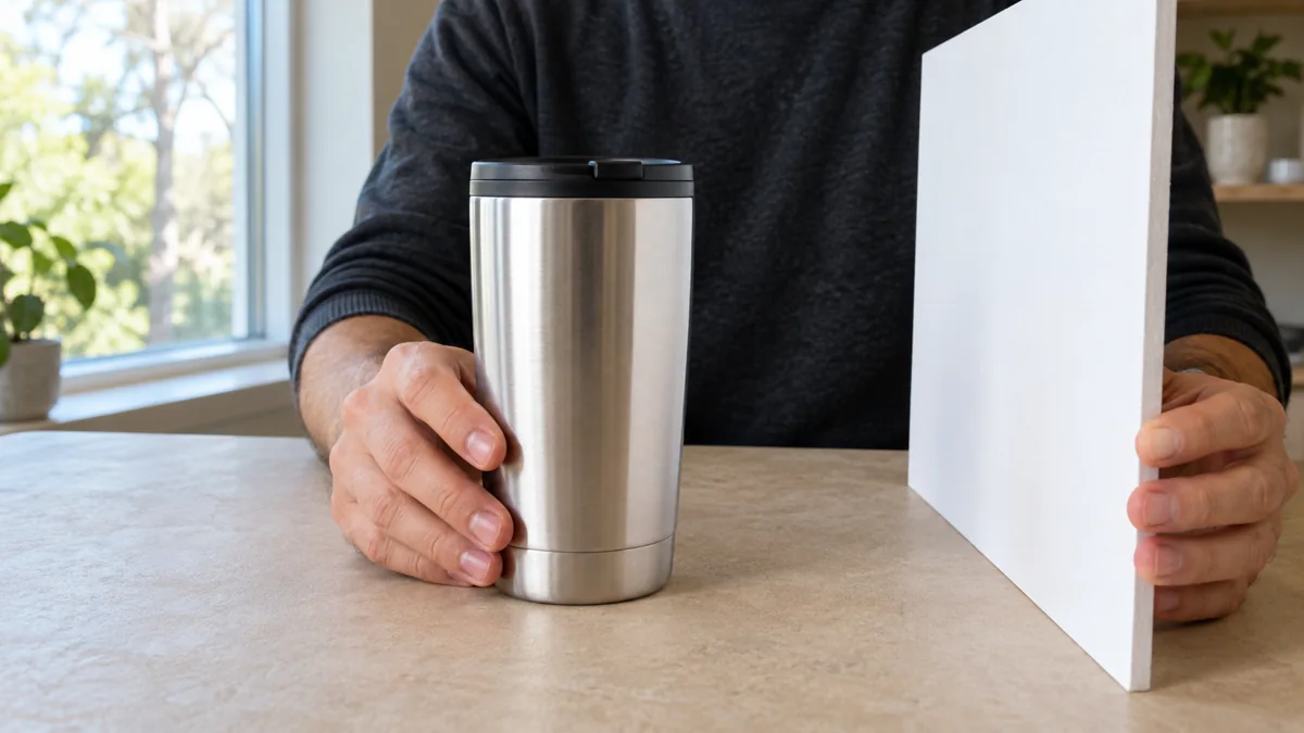 Illustrative close view of a metal tumbler beside a white card in soft side light.