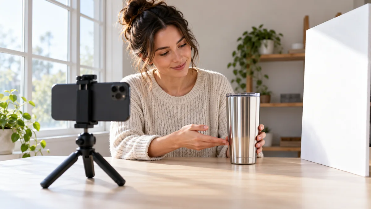 How to Film Reflective Products for Amazon Review Videos Illustrative home filming setup with a creator, phone tripod, metal tumbler and white reflection card.
