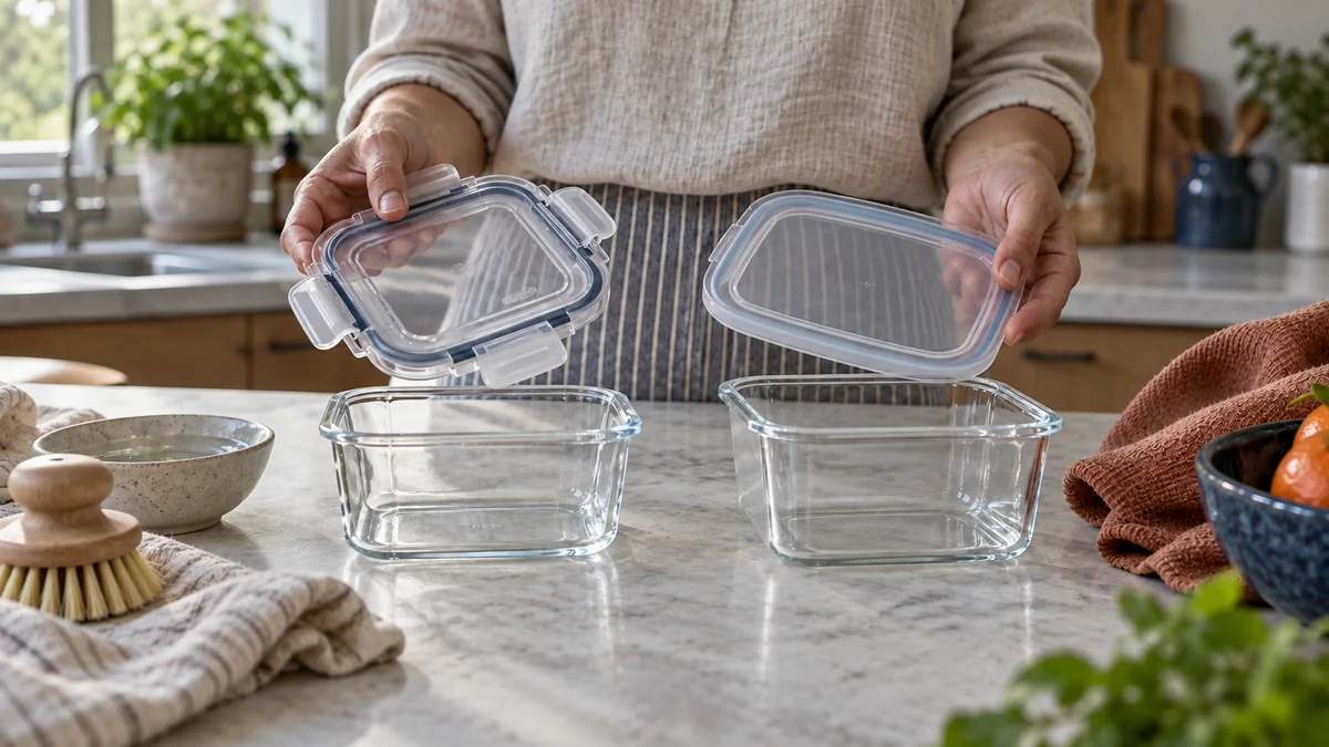 Editorial illustration of two storage-container lid designs being compared at a kitchen counter.