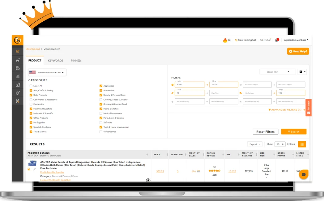 Published ZonResearch demonstration with category filters and product-results table.