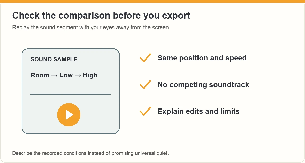 Sound sample checklist for a consistent position, no competing soundtrack and explained limits.