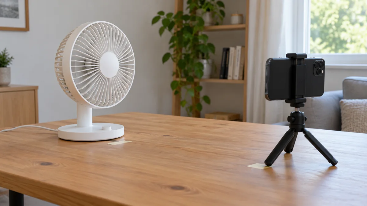 Illustrative desk fan and phone tripod on a desk with plain position markers.