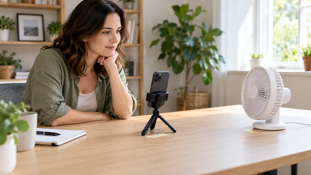 How to Record Product Noise for an Honest Amazon Review Video Illustrative creator setting up a phone tripod and protected desk fan at marked positions.