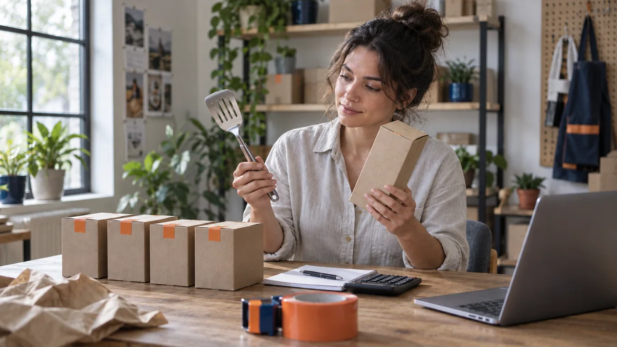 Generated editorial illustration of a seller reviewing a kitchen-utensil sample and supplier stock.