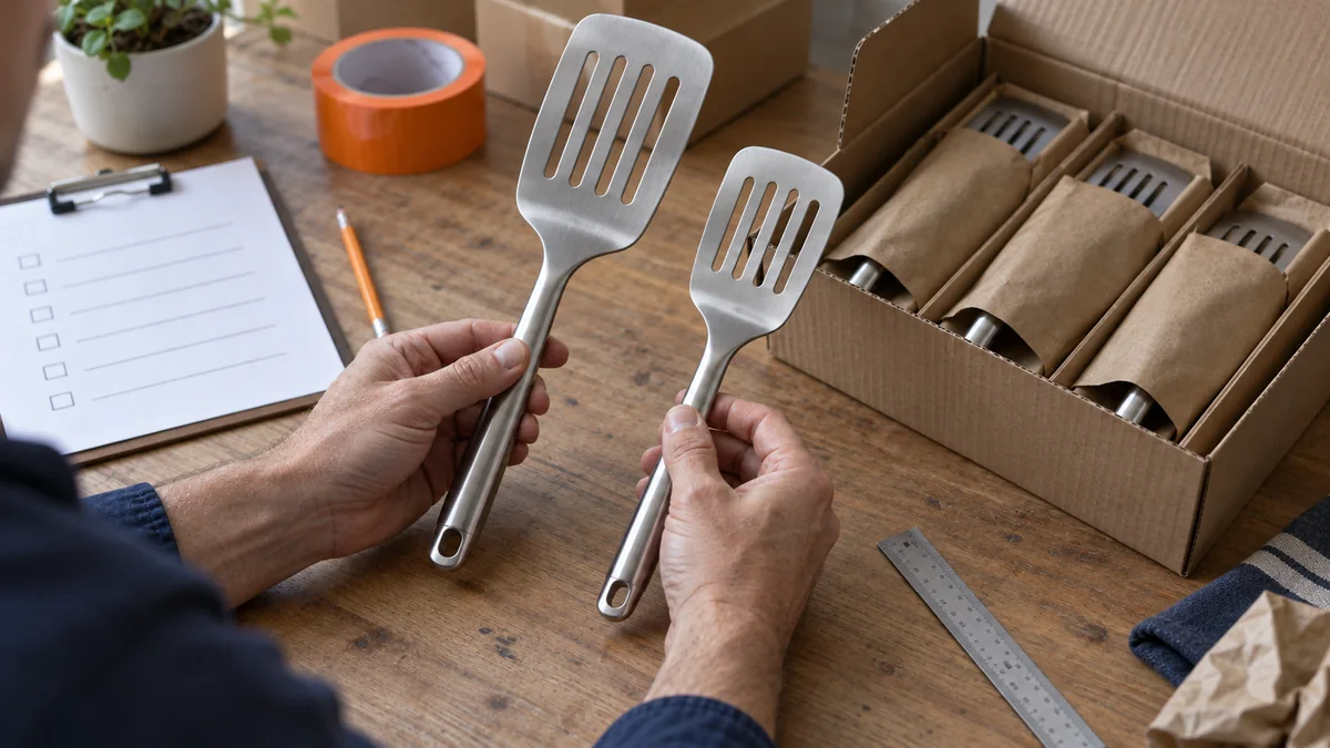 Editorial illustration of hands comparing two kitchen utensil samples beside a case pack and inspection checklist.