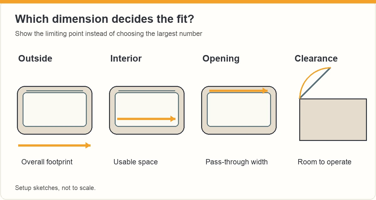 Dimension sketches distinguishing outside footprint, interior space, opening and operating clearance.