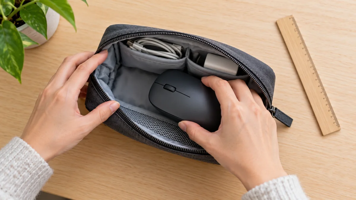 Illustrative hands placing a mouse into an open zippered pouch beside a ruler.