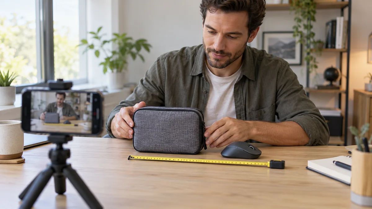 How to Show Product Size and Fit in Amazon Review Videos Illustrative creator workspace with a tech pouch, computer mouse, measuring tape and phone tripod.